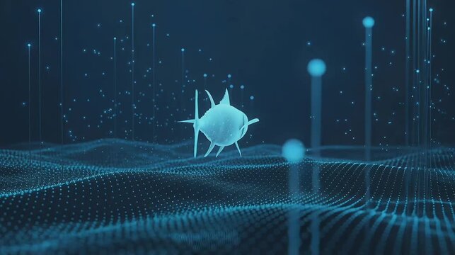 digital ocean environment with glowing particles forming data points around tuna silhouette for modern conservation perfect for world tuna day