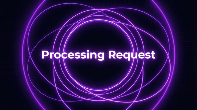 Futuristic glowing purple neon circles abstract background with text processing request for