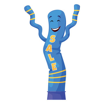 An illustration of an inflatable blue dancing man waving his arms, drawing shoppers attention to a sale in front of a store. He sways in the wind, drawing attention to the current promotion.