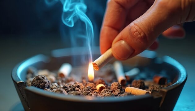 Hand lights cigarette over full ashtray with butts and ash. Blue smoke rises from burning tobacco in dark room. Unhealthy habit and addiction issues.