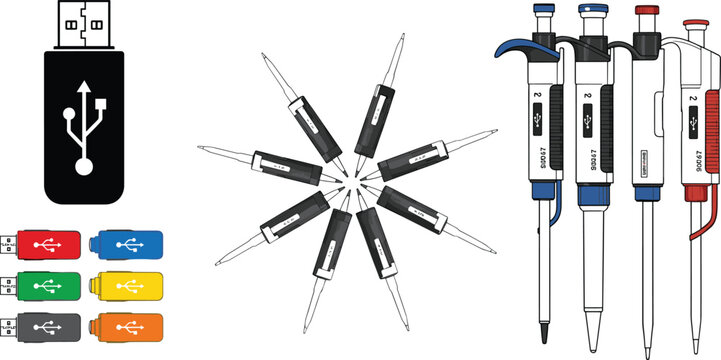 USB flash drive and laboratory micropipette tools set scientific equipment vector