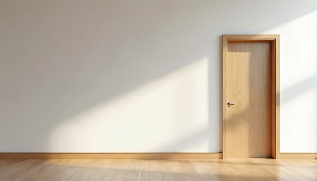 Minimalist empty room interior with white walls and natural wood door. Sunlight streams through window casting shadow. Clean space with wooden floor perfect for design.