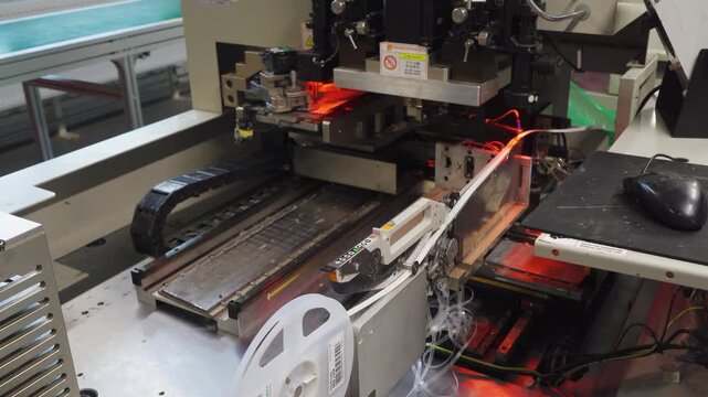 SMD feeder components. Supply system for surface mount device components via tape reels. Detailed image showing tape reel feeder used for surface mount device components in manufacturing