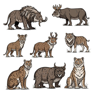 A collection of nine distinct prehistoric mammals, including saber-toothed cats, deer-like creatures, and a large, horned beast, all rendered in a detailed, illustrative style.