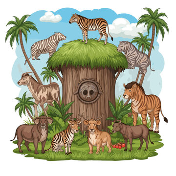A vibrant illustration of various extinct and extant animals gathered around a whimsical treehouse in a lush jungle setting.