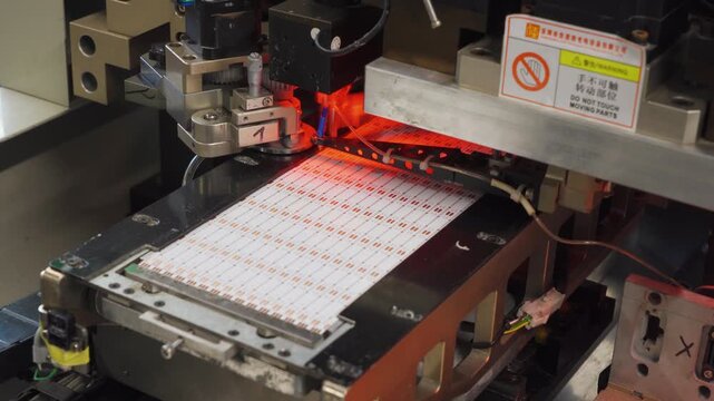 LED strip wave soldering with safety measures. Red heat lamp used in automated LED wave soldering equipment. Conveyor based LED wave soldering includes safety signs and controlled heat application