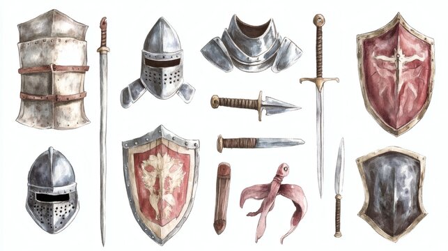 Watercolor illustrations of medieval helmets, swords, shields and mace on white background