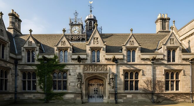 Historic collegiate Gothic stone building with central arched entrance, tall mullioned windows, gables, battlements and turreted clock tower enclosing a quiet courtyard, evoking traditional European u