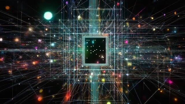 Advanced technology concept showing a central processing unit sending information through a complex system of nodes and connections, representing machine learning and big data processing