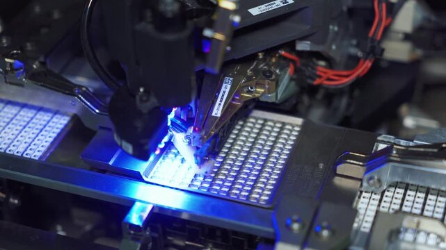 Robot chips placement. Robotic device deposits microchips onto dense LED grid under inspection. Automated robotic head precisely places chips on densely packed LED array during quality check