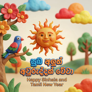 Sinhala and Tamil New Year Wishes (Avurudu Wishes) Claymation Flyer with Smiling Sun, Bird, and colorful 'Suba Aluth Avuruddak Wewa' Text