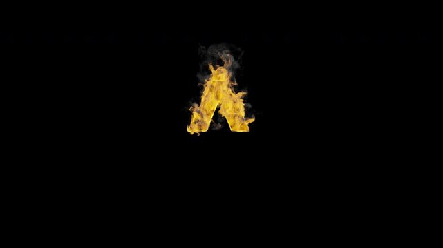 Burning caret symbol with realistic flames and smoke on transparent background. Fiery punctuation animation for coding, math, typography, titles and motion graphics. Seamless loop in 4K, alpha channel