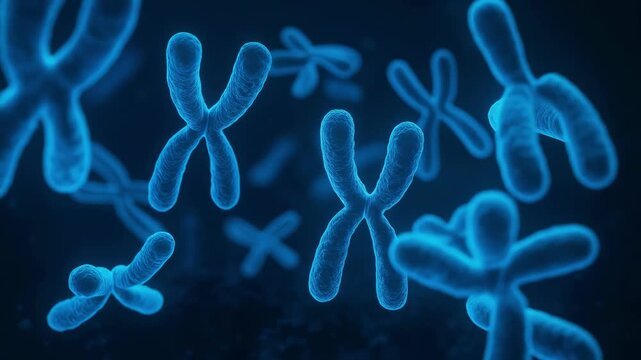 Glowing blue X shaped human chromosomes floating and rotating within a dark cellular background, representing concepts in genetics, medical research, DNA science, and molecular biology
