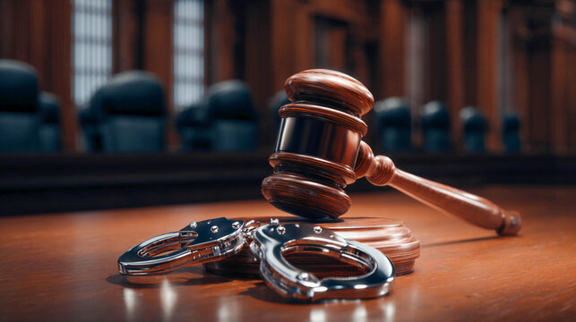 The judge's gavel, resting on a wooden stand, lies next to the metal handcuffs on the table in the empty courtroom. Justice, criminal proceedings, and punishment.