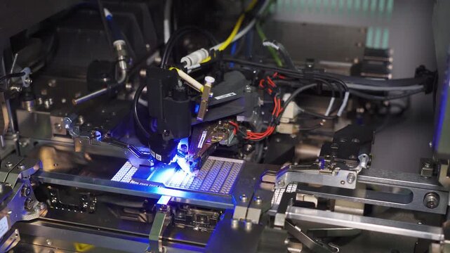 Precision blue laser module bonds chips onto printed circuit boards automatically. Automated robotic head uses blue laser technology to precisely attach components onto circuit boards