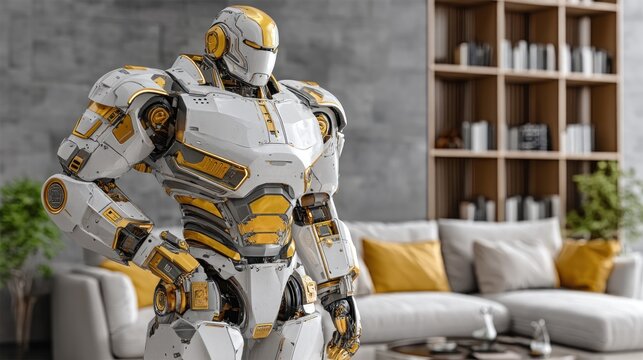 Futuristic White and Gold Robot Standing in Modern Living Room