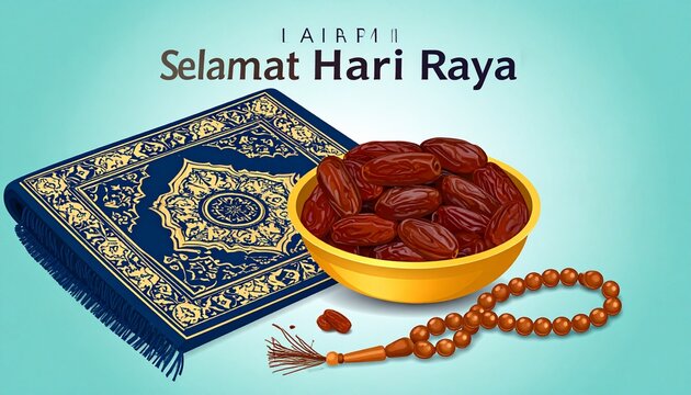Islamic Prayer Rug, Dates and Prayer Beads for Ramadan and Eid Celebration