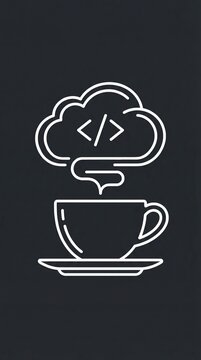 Coffee cup with steam forming a cloud containing a code symbol. Represents the connection between caffeine and programming. Ideal for developer blogs, tech startups, or office decor.