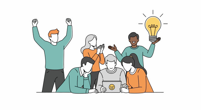 Diverse group of people celebrating idea.