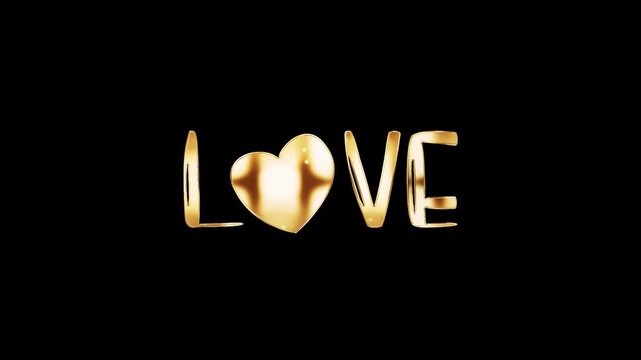 LOVE golden text shine light motion animation element effect on black abstract background. 4K seamless loop isolated transparent video animation text