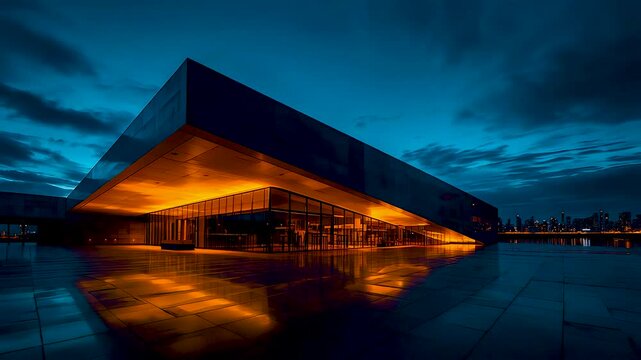 Modern angular building with warm yellow interior lights glowing at night reflected on wet dark foreground surface under dramatic cloudy sky