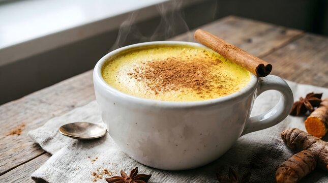 Golden turmeric latte in white ceramic mug, steaming hot ginger milk with cinnamon stick, healthy ayurvedic drink on rustic wooden table