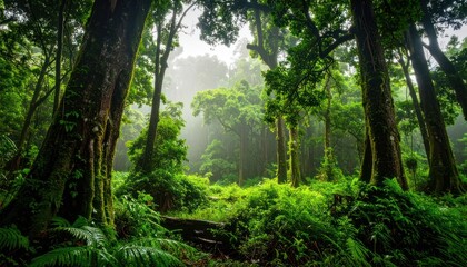 Fototapeta premium A misty, vibrant rainforest scene showcases lush greenery, towering trees, and a sense of serene natural beauty.