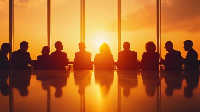 Silhouettes of corporate executives sitting at a conference table during a meeting, with a beautiful golden sunset visible through the large office windows and reflecting on the polished surface