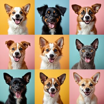Collection of nine dog and cat portraits. Various breeds and colors show happy faces and open mouths against colorful studio backgrounds. Pets look friendly and playful.
