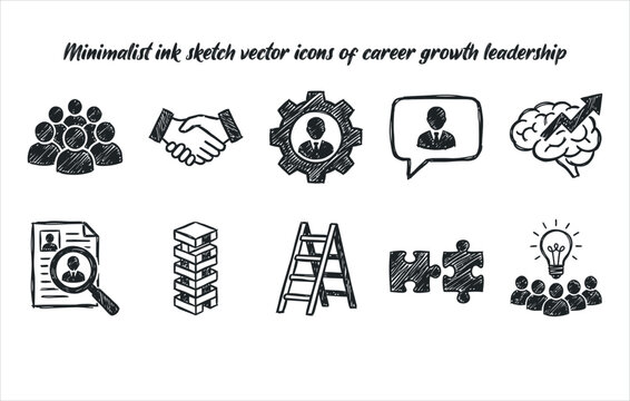 Minimalist ink sketch vector icons of career growth leadership and team collaboration