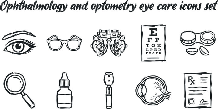 Ophthalmology and optometry eye care icons set hand drawn doodle sketch style