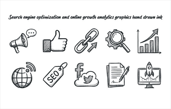 Search engine optimization and online growth analytics graphics hand drawn ink