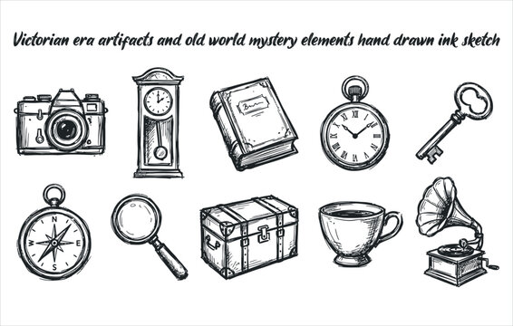 Victorian era artifacts and old world mystery elements hand drawn ink sketch