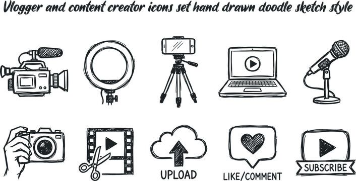 Vlogger and content creator icons set hand drawn doodle sketch style.