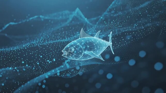 digital ocean environment with glowing particles forming data points around tuna silhouette for modern conservation perfect for world tuna day