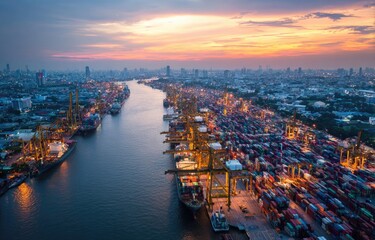 Obraz premium Aerial view of a bustling river port at dusk, with cargo ships and city skyline