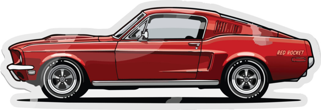 Simplified Flat Vector Illustration of a 1960s Muscle Car Side View in Candy Apple Red with Bold Outline for Retro Sticker Design and Automotive Enthusiast Concept Isolated