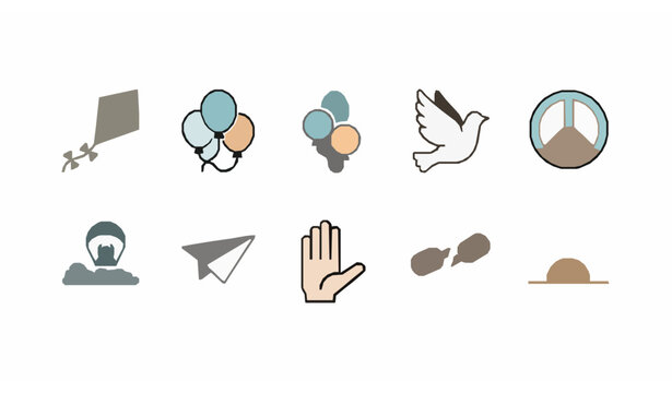 Modern freedom line icon collection with dove kite balloons and peace concept elements