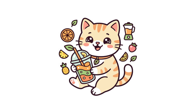 Cute Cat Enjoying a Refreshing Fruit Smoothie