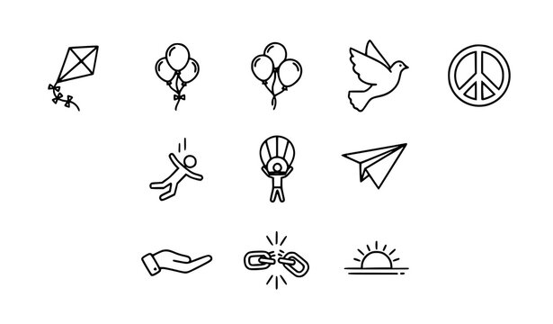 Freedom and peace outline icon collection with dove kite balloons and liberty symbols for web UI