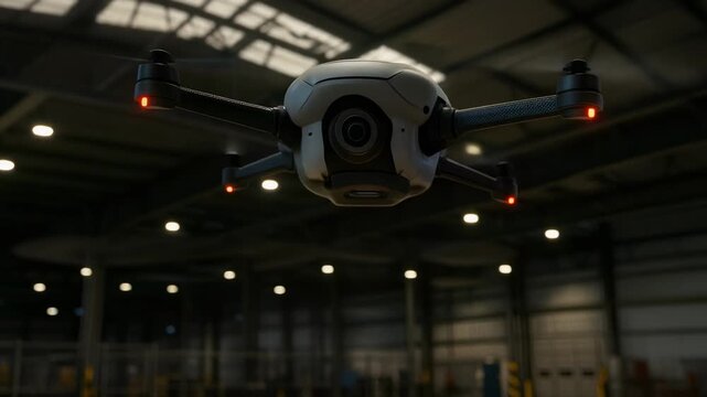 Autonomous quadcopter with a built in camera using a green scanning light to inspect and map the floor of a large, dimly lit industrial warehouse for inventory management and security purposes