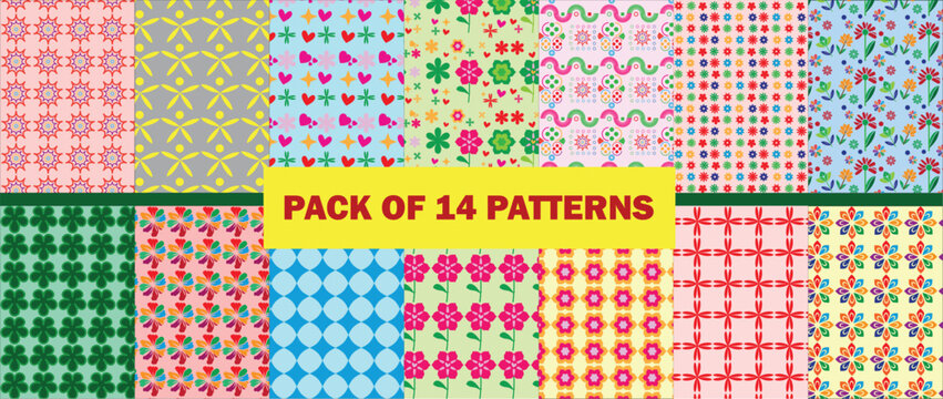 Colorful geometric seamless pattern collection, pack of 14 floral and abstract vector patterns, vibrant repeating backgrounds for textile design