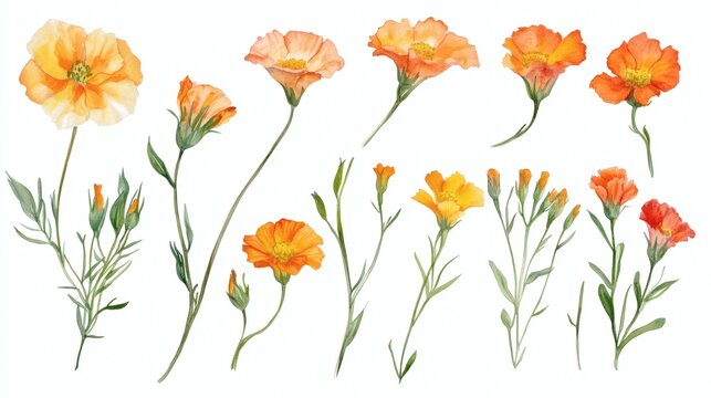 Watercolor painting of delicate orange and yellow poppy-like flowers on slender green stems, arranged in a horizontal row on white background