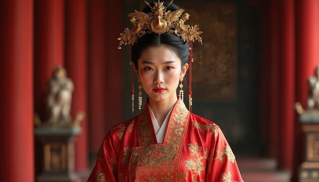 Asian woman in red silk robe, gold phoenix headdress. Regal empress of Han Dynasty looks forward. Traditional ornate jewelry, makeup, soft cinematic light.