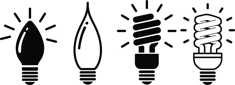 Light bulb silhouette illustration collection, classic and compact fluorescent designs with illuminated rays, energy efficiency evolution theme, vector art, black isolated bold design