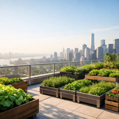 Fototapeta premium Rooftop Urban Garden and Green Terrace with City Skyline for Sustainable Lifestyle Advertising AI Generated Photo