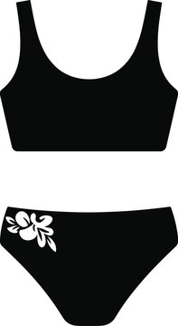 Swimsuit silhouette illustration, two-piece tank top and bikini bottoms with floral detail, fashion swimwear apparel theme, vector art, black isolated bold design