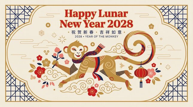 Stylized Chinese zodiac monkey paper cut design with cherry blossoms for 2028