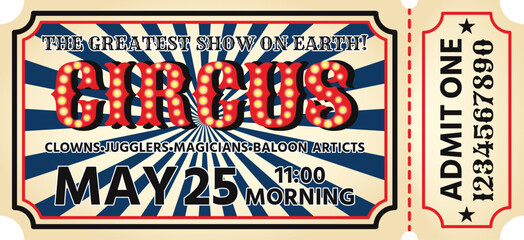 Vintage circus ticket admit one numbered with marquee text and sunburst background. Retro admit one coupon with stub for carnival show. © Mallva
