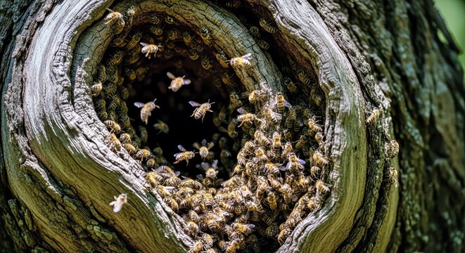 Swarming Honey Bees Surround Hollow Tree Trunk Entrance